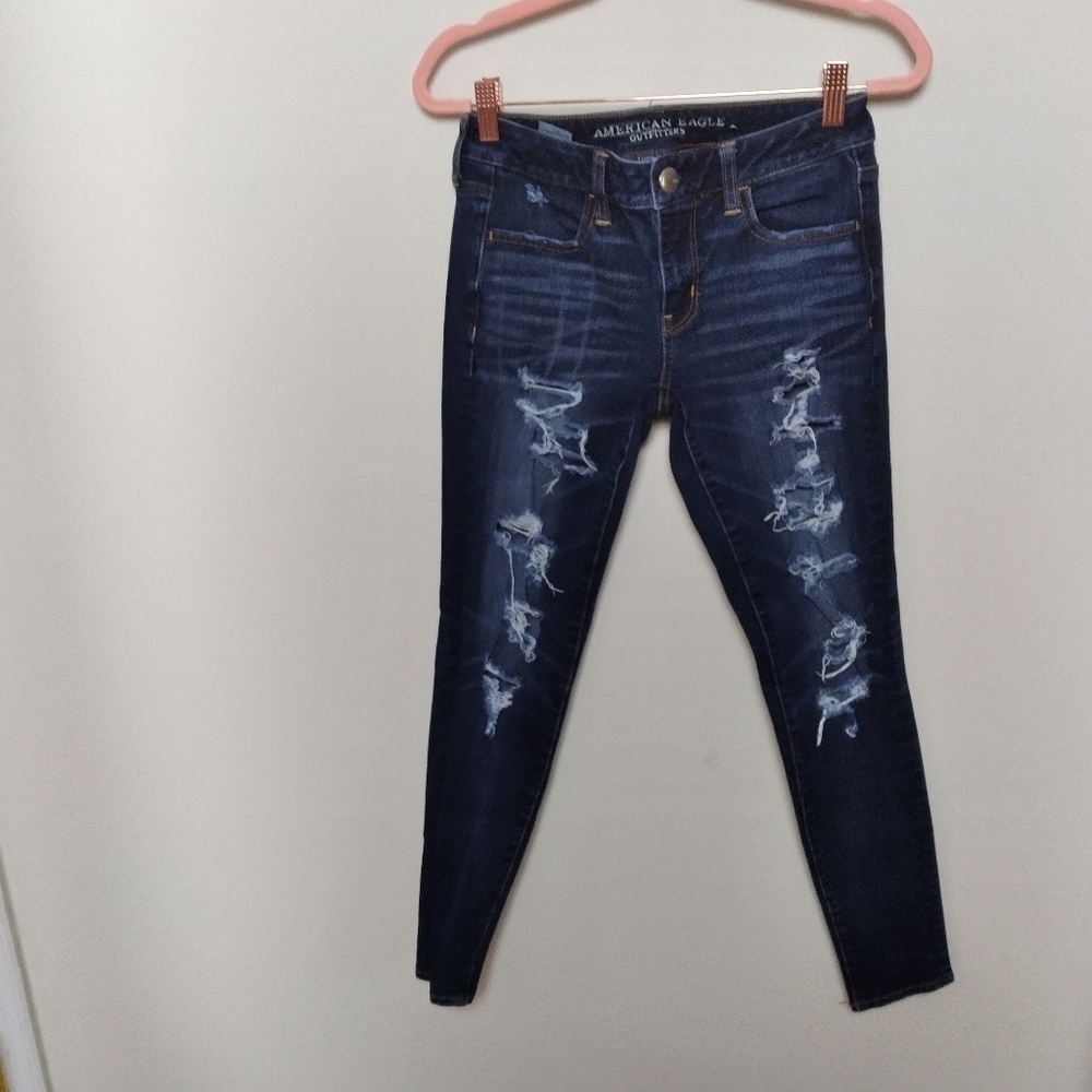 American Eagle Distressed Dark Wash Super Stretch X4 Jegging Size 4 Regular